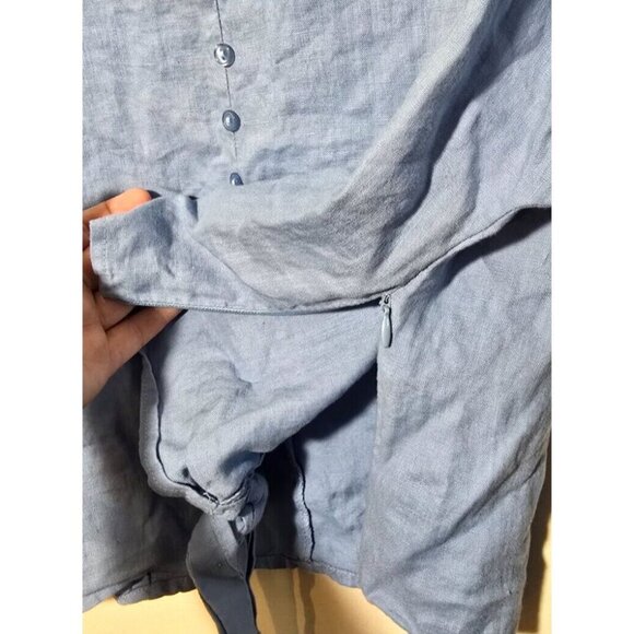 For Cynthia Linen Blouse L Blue Cropped Tie Waste Buttons Ruffles Bell Sleeve - Picture 5 of 12
